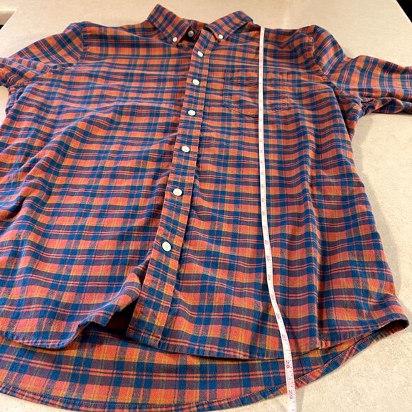 L.L. BEAN Mens Shirt Heavy 100% Cotton Plaid Slightly Fitted Blue Orange Size LG - Picture 10 of 10